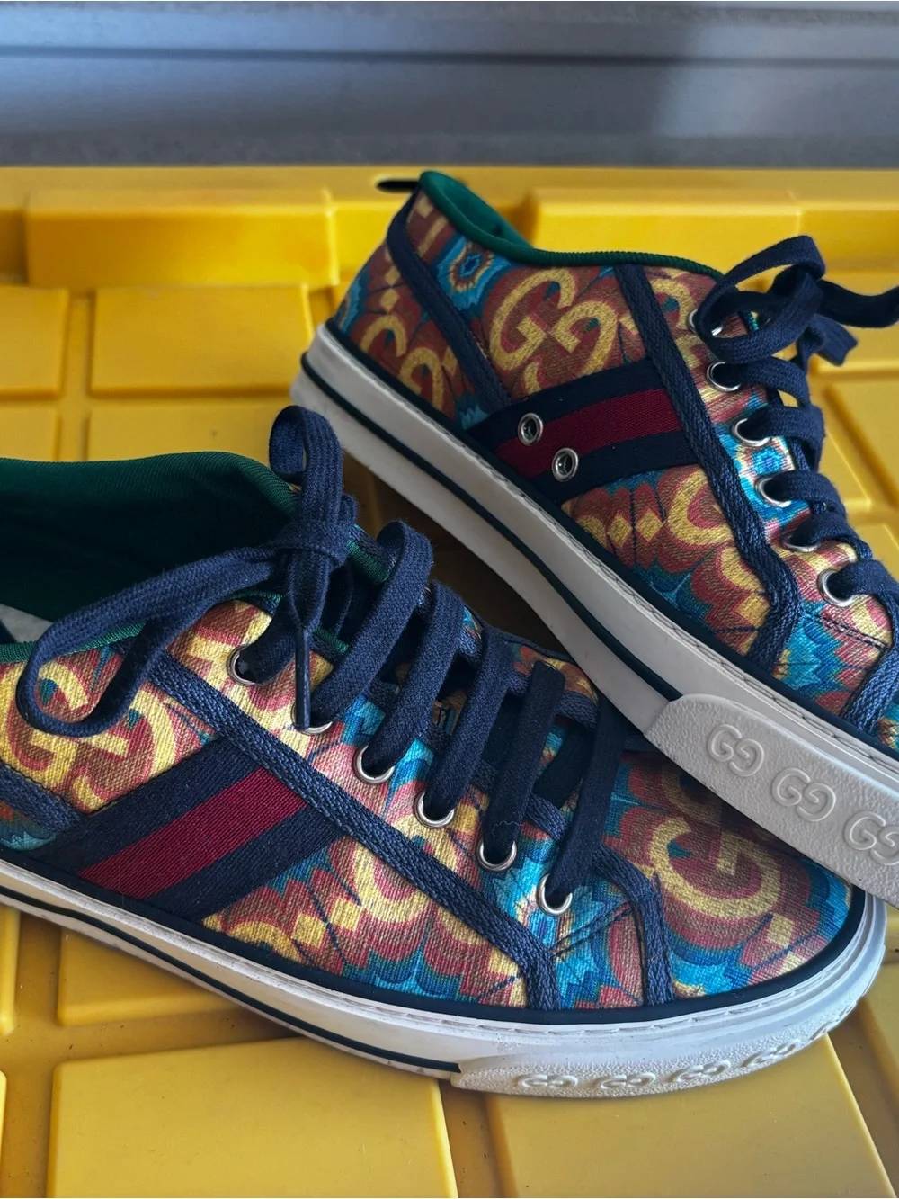 Gucci Multicolor GG Canvas Low-Top Sneakers with Navy Stripes